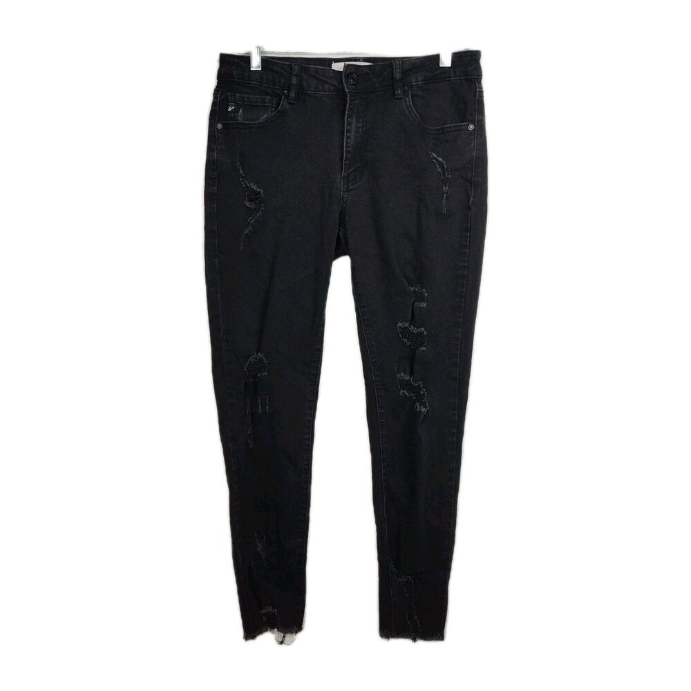KanCan Cropped Skinny Jeans Women's Size 9‎ / 28 Black Distressed Raw Hem